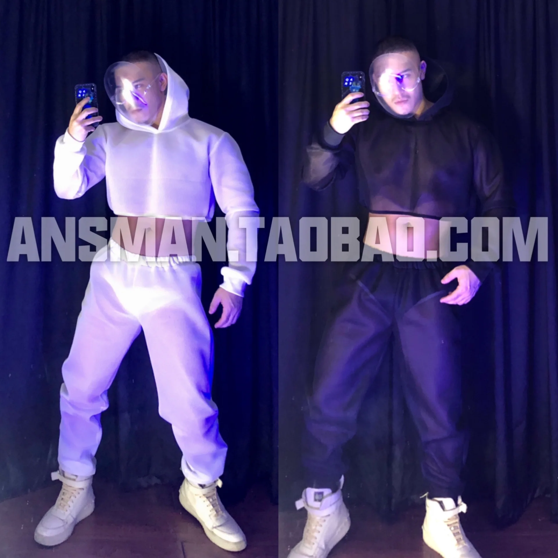 

DS Performance Suit DJ Bar Dancer Group Clothing Men's Suit Black White Perspective Hooded Hip-hop Singer Jazz Sexy Stage Outfit
