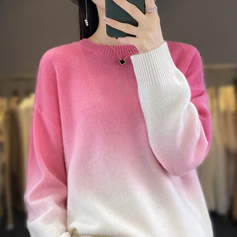 

2023 Autumn/Winter New 100% Wool Cashmere Sweater Women's O-Neck Fashion Color Block Pullover Loose Korean Version Women's Top