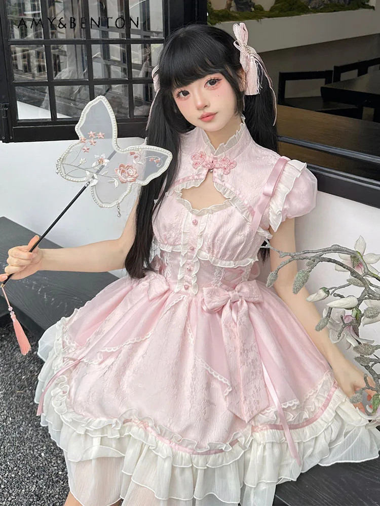 

Daily Sweet Lolita Lace Sweet JSK Sling Dress for Women Summer New Cute Bow Patchwork Ruffled Slim Princess Ball Gown Dresses