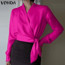 

VONDA Elegant Ladies Shirts 2022 Fashion Long Sleeve V Neck Solid Satin Tops Tunic Casual Bow Blusas Femininas Women's Blouses