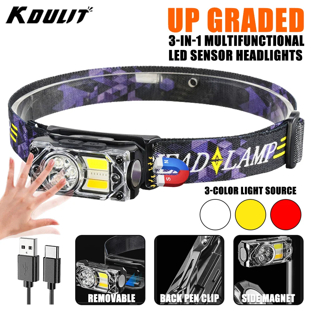 

3 in 1 LED Sensor Headlamp Rechargeable Powerful Headlight Led Head Torch XPE+COB Head Flashlight for Camping Fishing Lantern