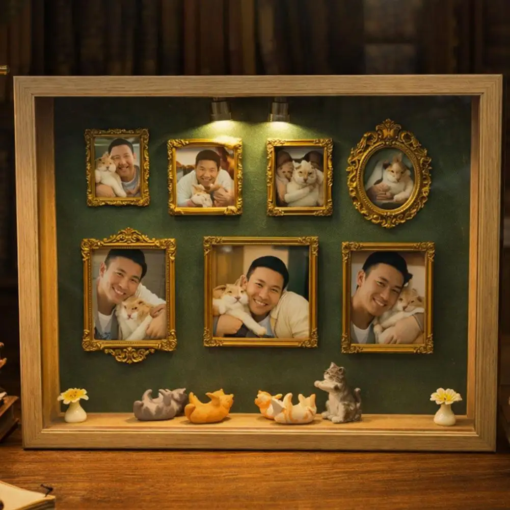 Mini Museum Photo Album: Stylish Memory Display Kit with Miniature Statue and Gold Frame