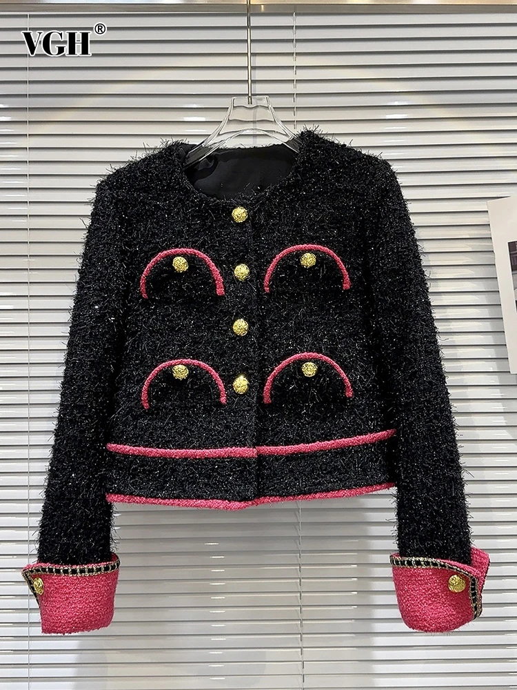 

VGH Colorblock Casual Tweed Short Coats For Women Round Neck Long Sleeve Spliced Single Breasted Temperament Coat Female Style