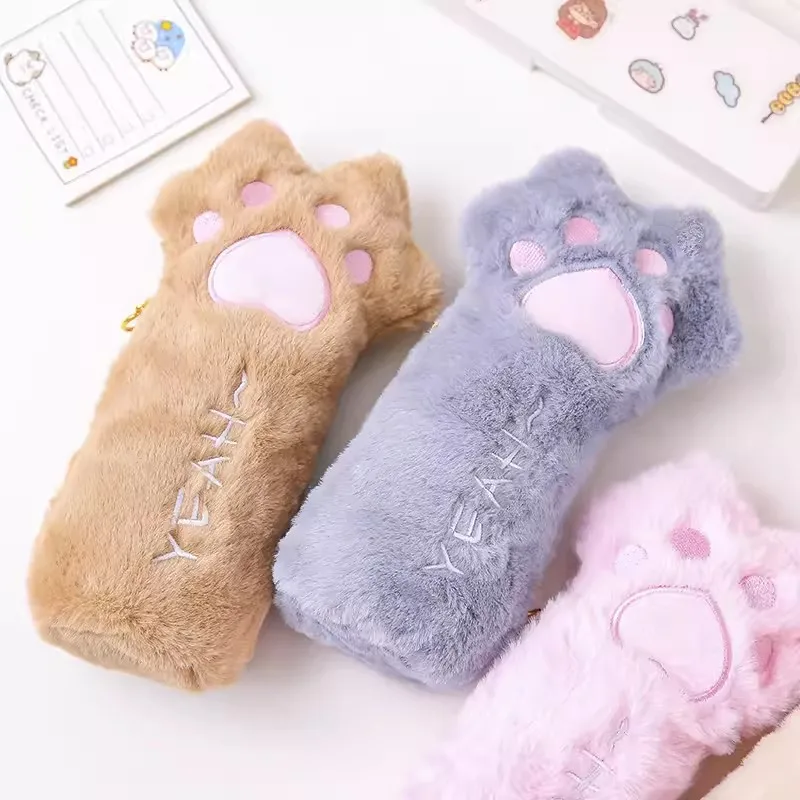 Kawaii 부드러운 고양이 발 연필 가방 대용량 연필 케이스 보관 주머니 지퍼 가방 학교 문구 사무용품으로 돌아 가기