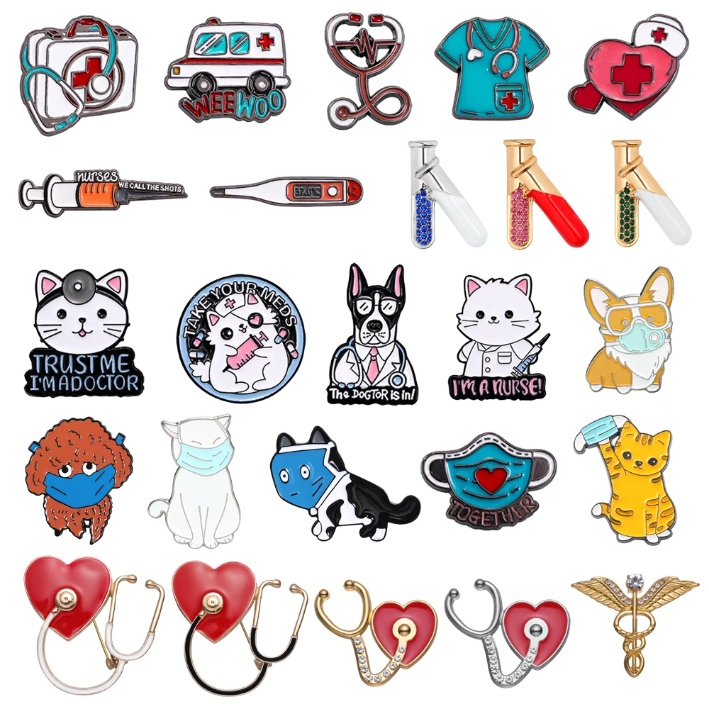 

Medical Metal Brooch Needle Tube Stethoscope First Aid kit Cat Nurse Dog Doctor Animal Patient Medical Badge Punk Pins Jewelry