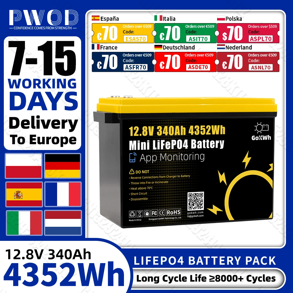 Akumulator GokWh EU Stock LiFePo4 12V 340Ah z BMS 4S 200A, Bluetooth, 8000 cykli, litowo-żelazowo-fosforanowy akumulator do kempingu, kampera, łodzi