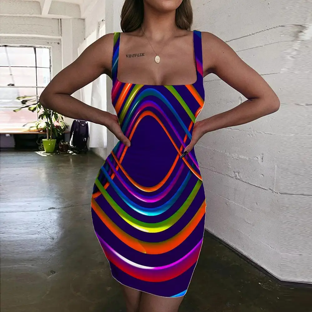 

KYKU Brand Psychedelic Dresses Women Dizziness Sundress Colorful 3d Print Womens Clothing Summer New Boho Femme