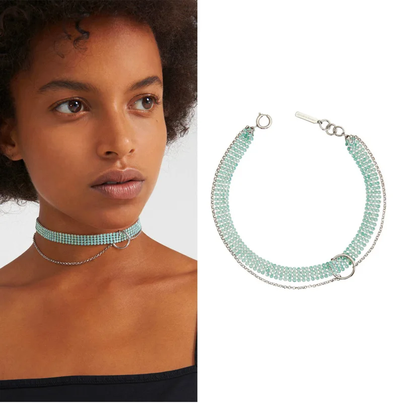 

LONDANY necklace new jewelry green protein rhinestone mesh chain exaggerated short necklace female chorker collar
