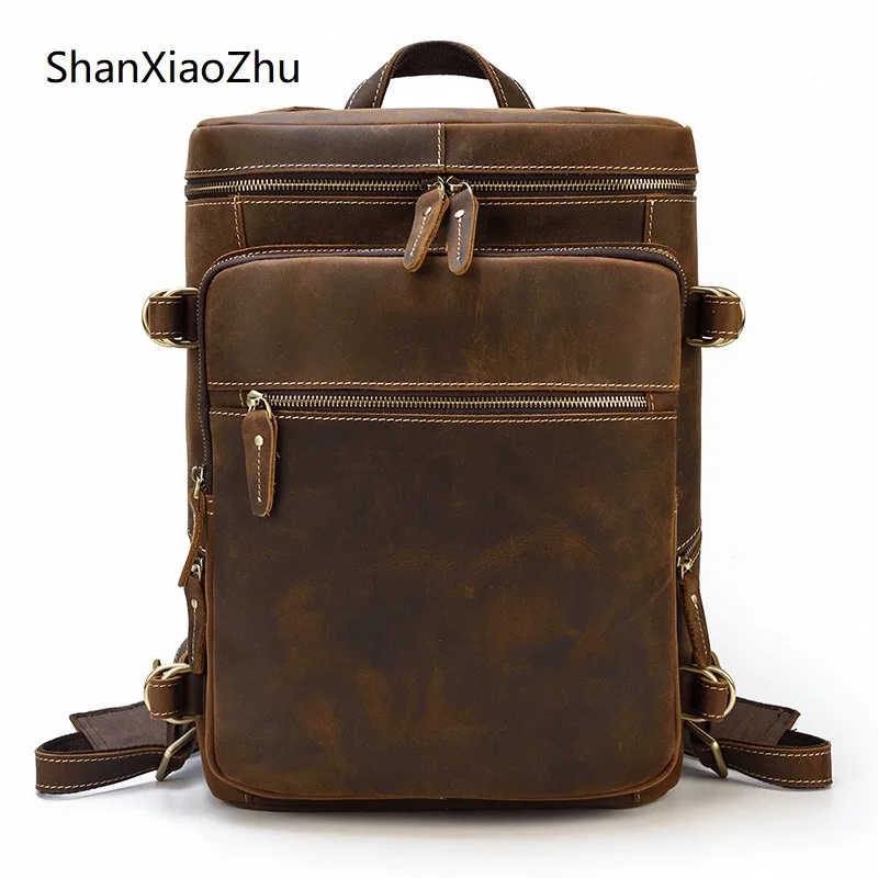 

Vintage Genuine Leather Men's Backpack Large Capacity Shoulder Bag Crazy Horse Leather Male 14 inch Laptop Travel Backpacks