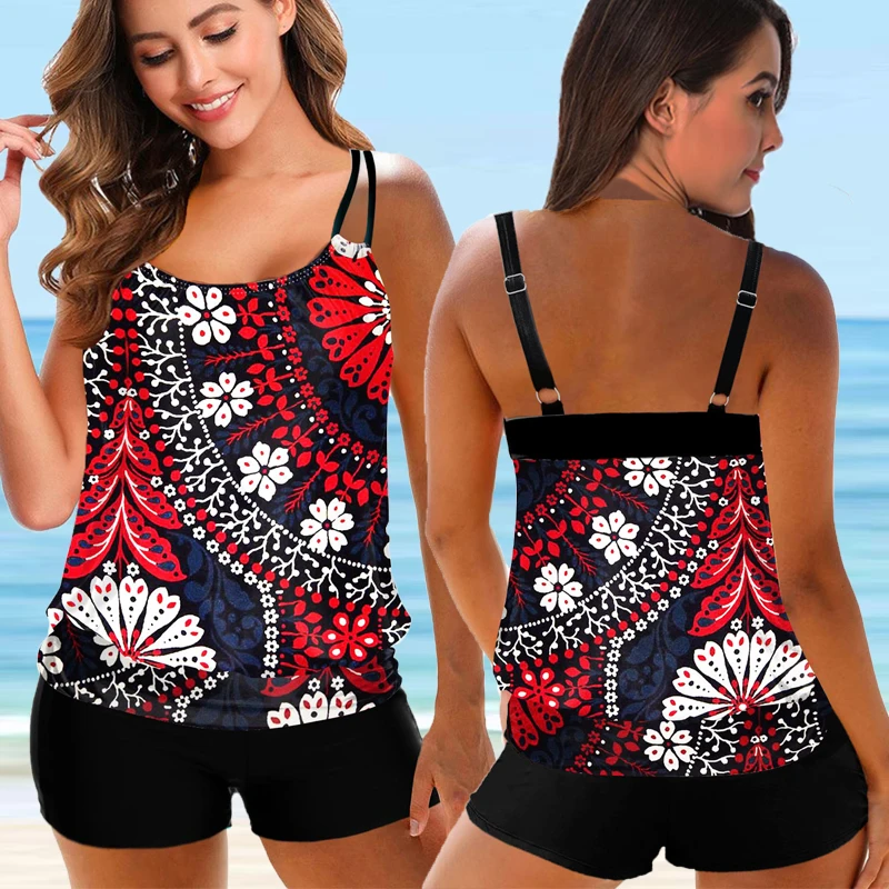 2022 Women Floral Print Two Piece Tankini Set Female Fashion Flower Bikini Swimsuit Women Summer Beachwear Large Size Bathsuit