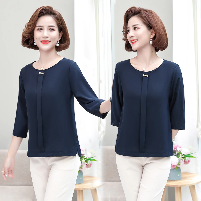 

Middle Aged Female Blusas Shirt Summer Womens Clothing Shirts Vintage Blouse Office Lady Solid Color Short Sleeve Tops