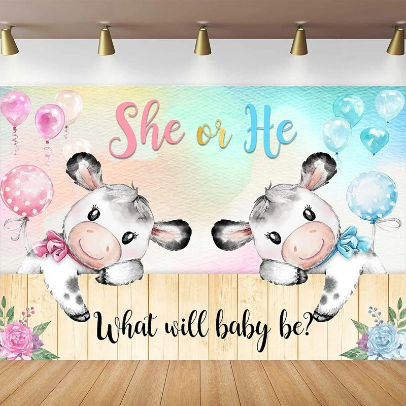 Mucca Gender Reveal Photography Fondale Lui O Lei Cute Cartoon Calf Wood Fence Background What Will Baby Be Ballon Party Decor