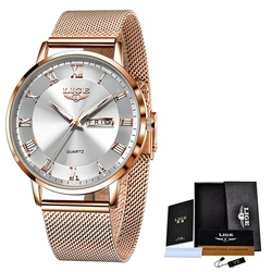 Elegant LIGE Women's Ultra - Thin Quartz Bracelet Watch with Date Display (Rose Gold White)