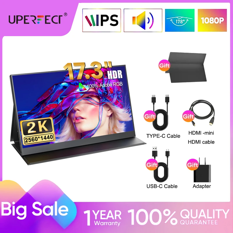 UPERFECT-17.3 인치 2K 휴대용 모니터 100% RGB HDR IPS 2 스피커, 게임 디스플레이 Xbox PS4/5 스위치 노트북 PC 전화 맥 tvbox