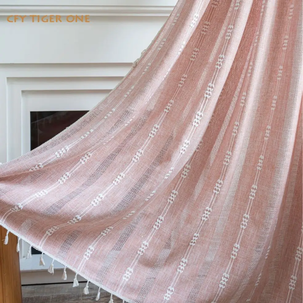 

Cotton Linen Pink Hollow Out Striped Window Curtain Semi-shading Drapes for Living Room Thickening Bedroom Kitchen Door Drapes