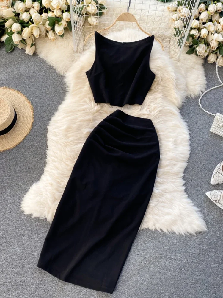 

Fashion Women Two Piece Sets Summer Sleeveless Sexy Crop Tops and Midi Wrap Skirt Outfits Ladies Elegant 2 Pcs Suits Clothes