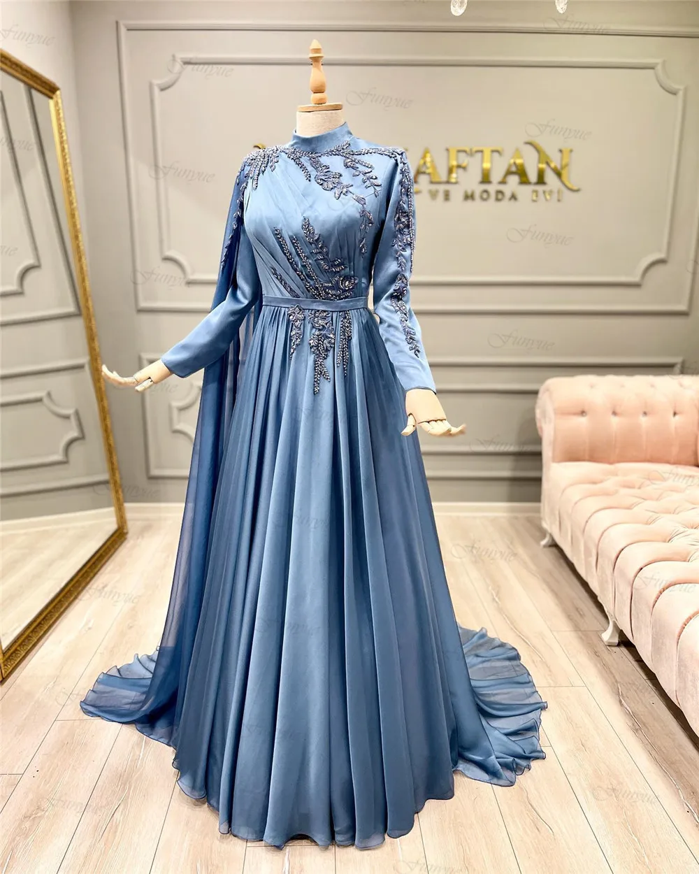 Elegante Arabischen Muslimischen Frauen Formale Kleid Vollen Ärmeln Roben De Soirée A-linie Chiffon High Neck Dubai Kaftan Abendkleider Lange – Detail 5