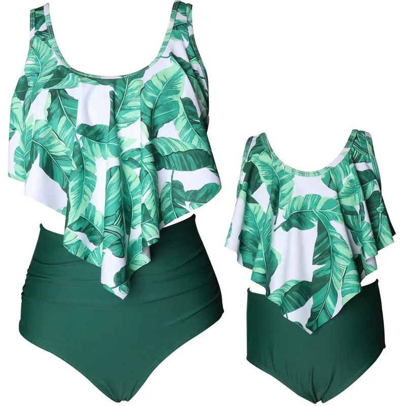 2024 Mother Daughter Matching Swimsuits Ruffled Family Set Leaf Mommy and Me Swimwear Fashion Women Girls Bikini Dresses Clothes 2