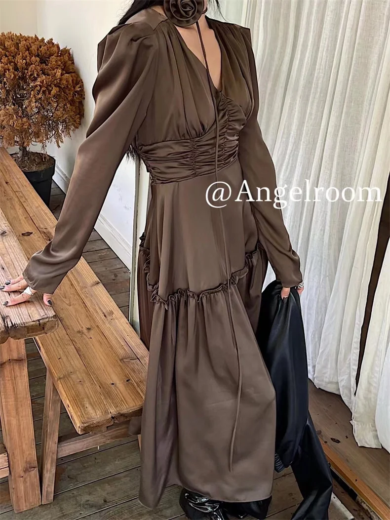 Autumn Satin Midi Dresses for Women Long Sleeve V-neck Folds Design A-line Korean Fashion Office Lady One Piece Vestidos New