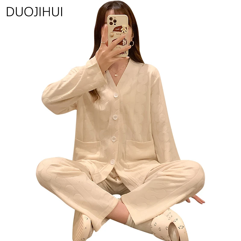 DUOJIHUI Two Piece Sweet Casual Home Pajamas for Women Autumn V-neck Chicly Cardigan Simple Fashion Pant Basic Female Sleepwear