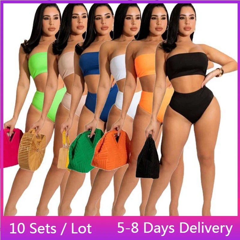 

Wholesale Items High Waist Suimsuit Women Beachwear Two Piece Bikini Set Sleeveless Crop Top Shorts Set Skinny Sexy Bathing Suit