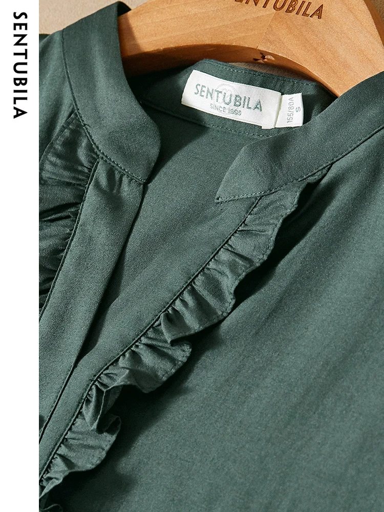 SENTUBILA Summer Blouses for Women 2024 Elegant Fashion Ruffles V Neck Straight Raglan Short Sleeve Office Lady Shirts & Blouse