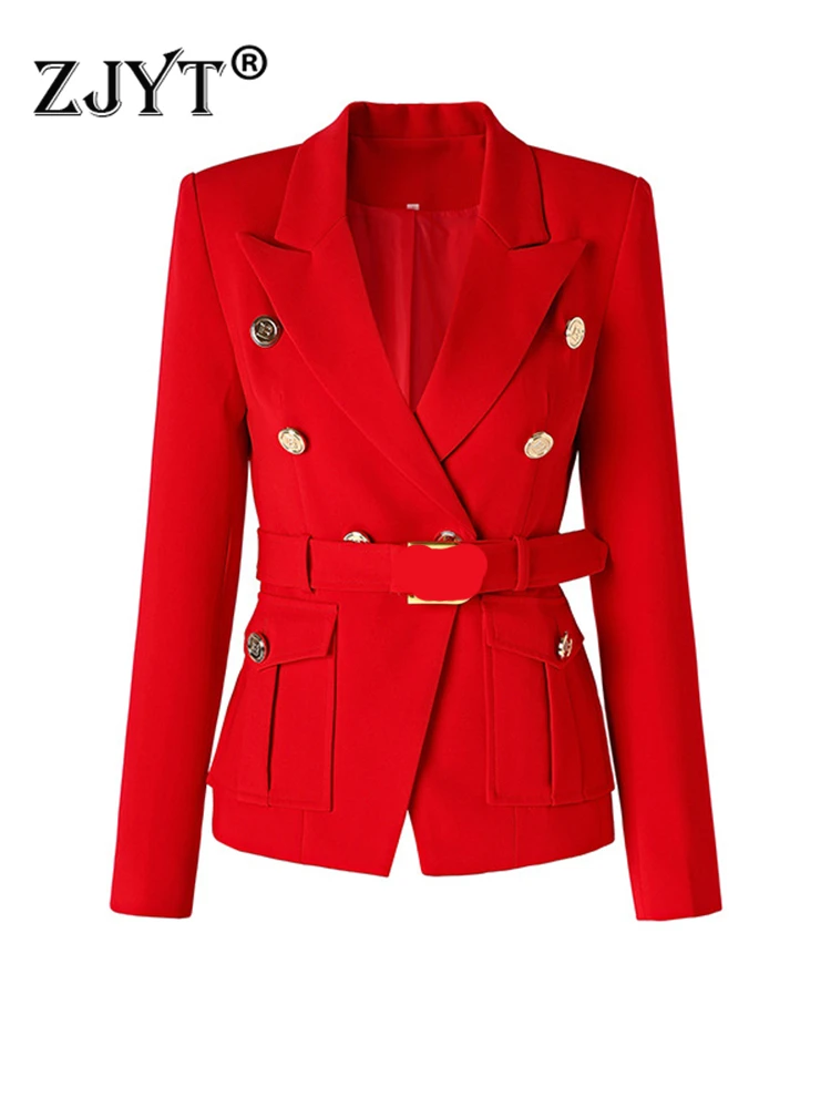 

ZJYT Autumn Winter Double Breasted Belt Blazer for Women 2023 Elegant Office Lady Red Party Jackets Coats Veste Femme Outerwear