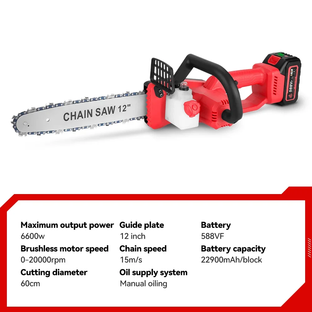 Electric Chainsaw Electric Saw ONEVAN 12 Inch Brushless Electric Chainsaw Battery 6600W Cordless Rechargeable Saw Gardening Power Tools For 21V 18V Battery