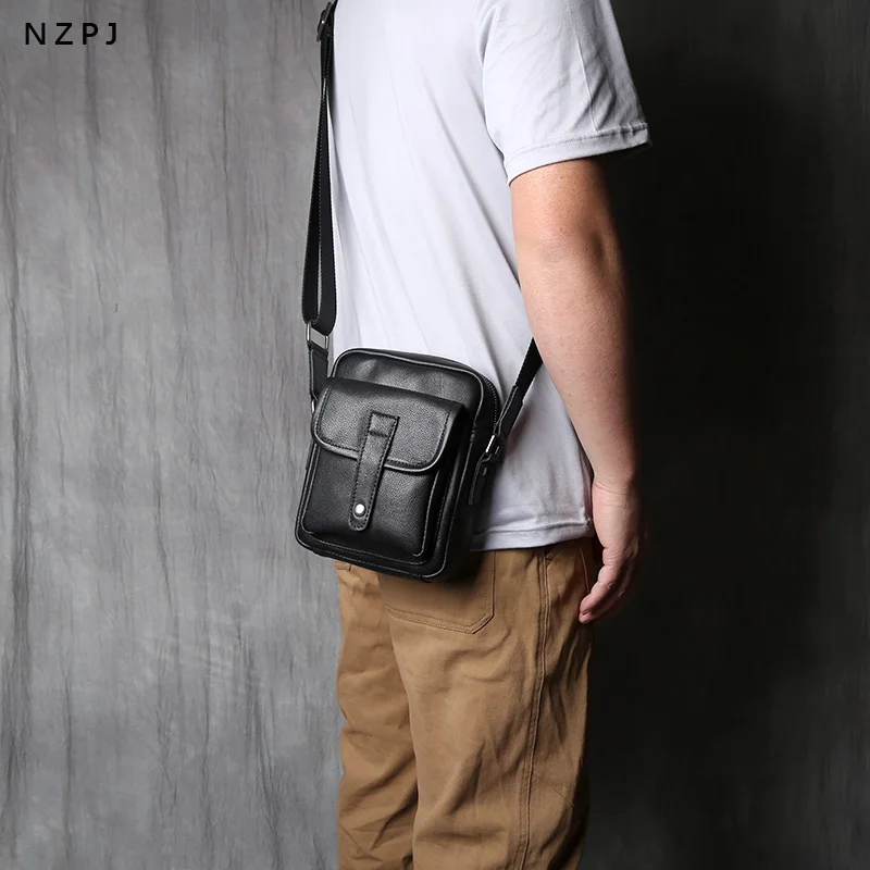 自由自在黒革渋皺leather継接変形ボディbag NZPJ Genuine Leather Men's Shoulder Bag, Natural Cowhide Crossbody