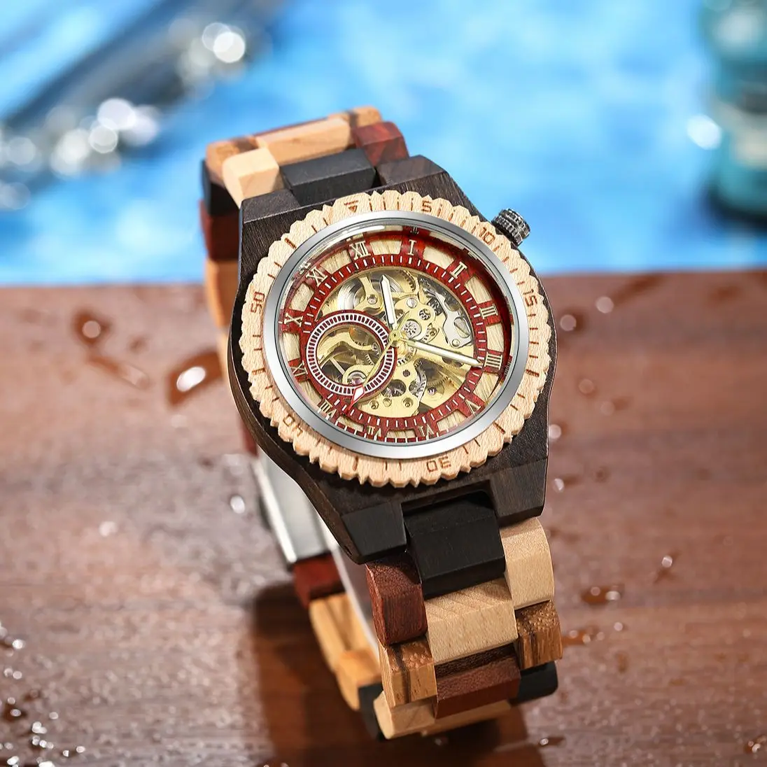 Top Brand Luxury Mens Watches Round Automatic Watch for Men Fashion Wood Clock Adjustable Wooden Bracelet Mechanical Wristwatch