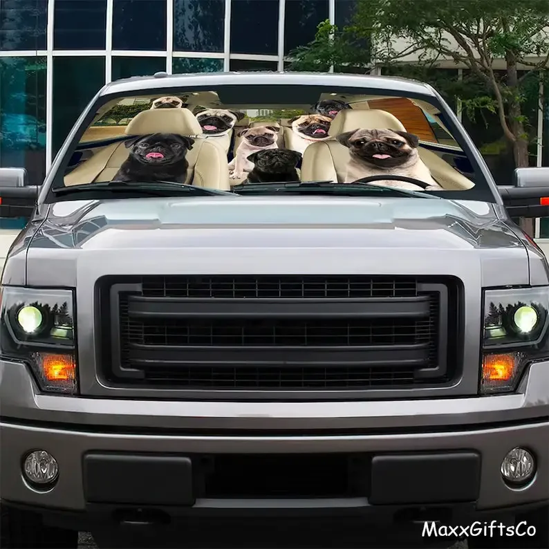 Pug Car Sun Shade, Pug Windshield, Dogs Family Sunshade Car Accessories Decoration Lovers Sun Shade