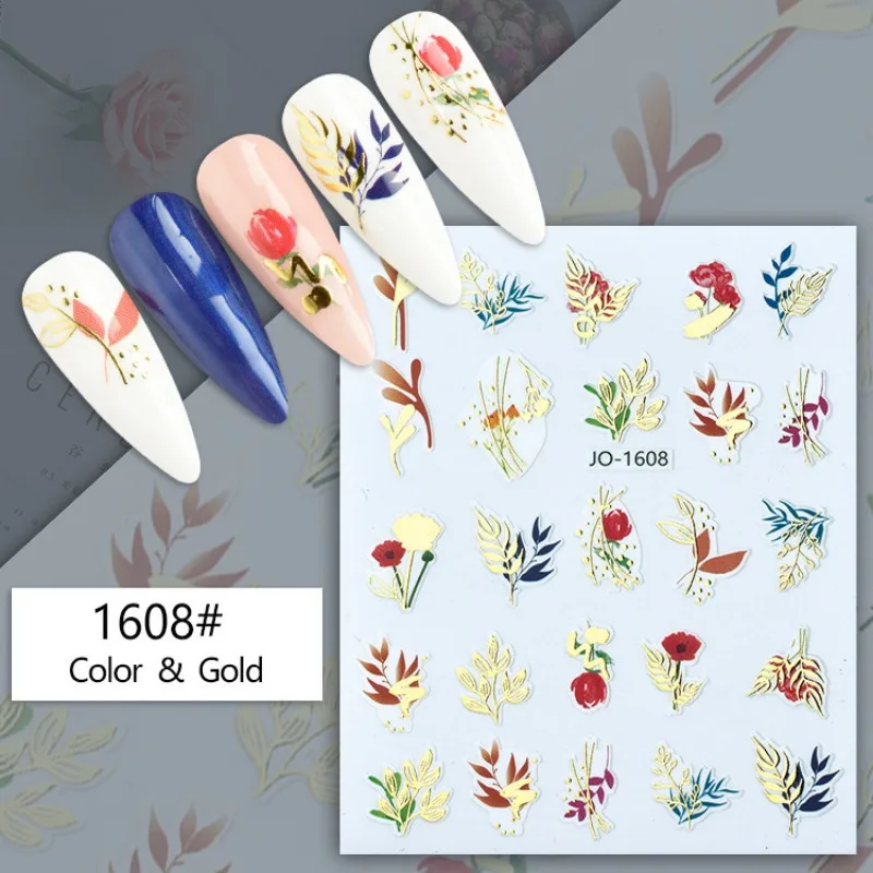 

3D Black Gold Leaf Nail Sticker Laser Holographic Sliders For Nails Abstract Face Flowers Adhesive Manicure Decals Decorations