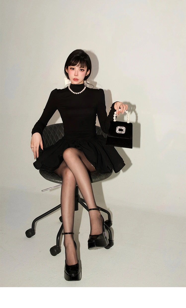 Elegant Solid Knitted Dress Women Long Sleeve Half High Collar A-line Mini Dresses Autumn Winter Birthday Party Vestidos Trend