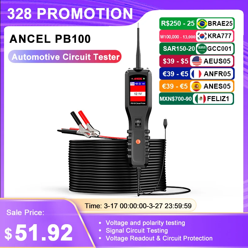 Ancel PB100 Automotive Circuit Tester Inspection Tools Power Circuit Probe Kit 12V 24V Electrical System Mechanical Works Tool car battery tester tools kingbolen bm550 6v 12v 24v automotive diagnostic device 100 2000 cca 2ah 220ah