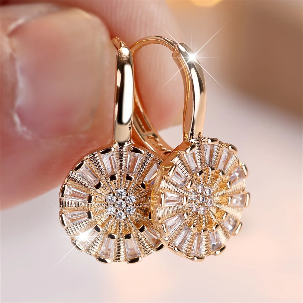 Luxury Crystal White Zircon Round Flower Hoop Earrings For Women Vintage Gold Color Ear Buckle Wedding Jewelry Versatile Gifts