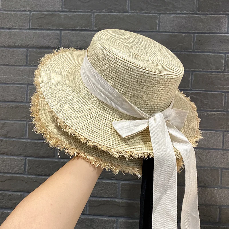 Women Casual Ribbon Straw Hat Vintage Tassel Sun Hat Visor Cap For Cycling Fishing Travel Outdoor