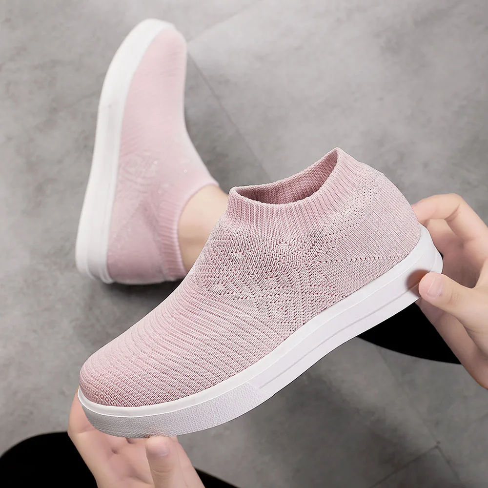 

New Women Sock Flats Rubber Casual Shoes Slip-on Mesh Breathable Walking Shoes Fashion Women Running Sneakers Tenis Female Shoes