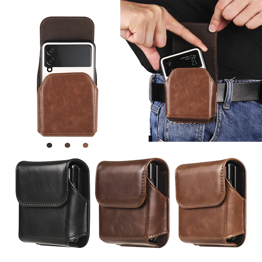 

Leather Case For Samsung Galaxy Z Flip 5 4 3 5G Phone Bag Magnetic Cover Fashion Holster Men Luxury Waist Belt Pouch