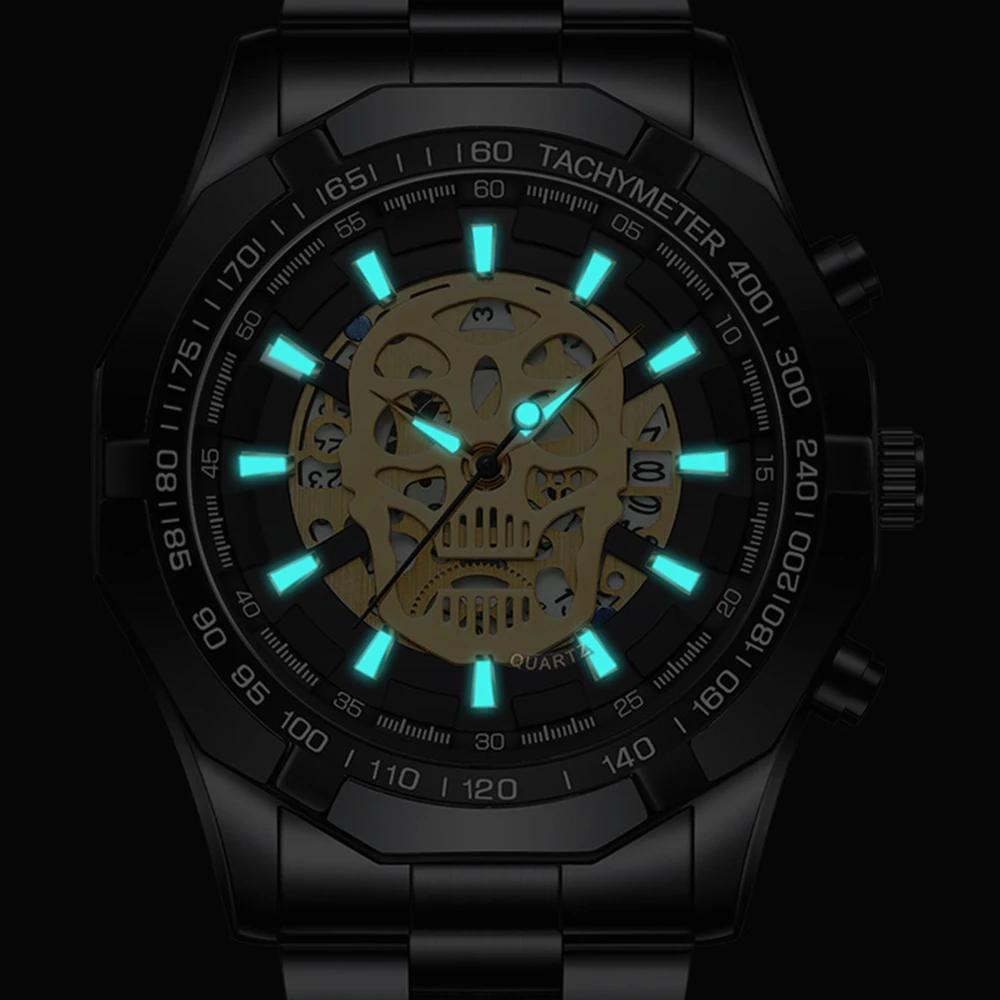 Big Dial Quartz Watch for Men Skull Carving Skeleton Sports Wristwatch Fashion Luxury Black Male Clock Dropshipping Men's Watch