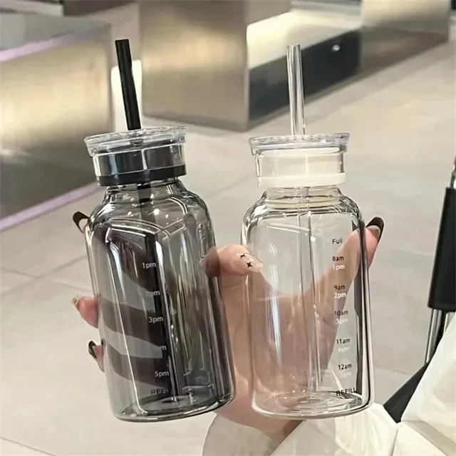 350/750ml Glass Transparent Water Bottles with Lid Straw Time Scale Milk Juice Drink Bottle Travel Coffee Mug Milk Tea Cup 2