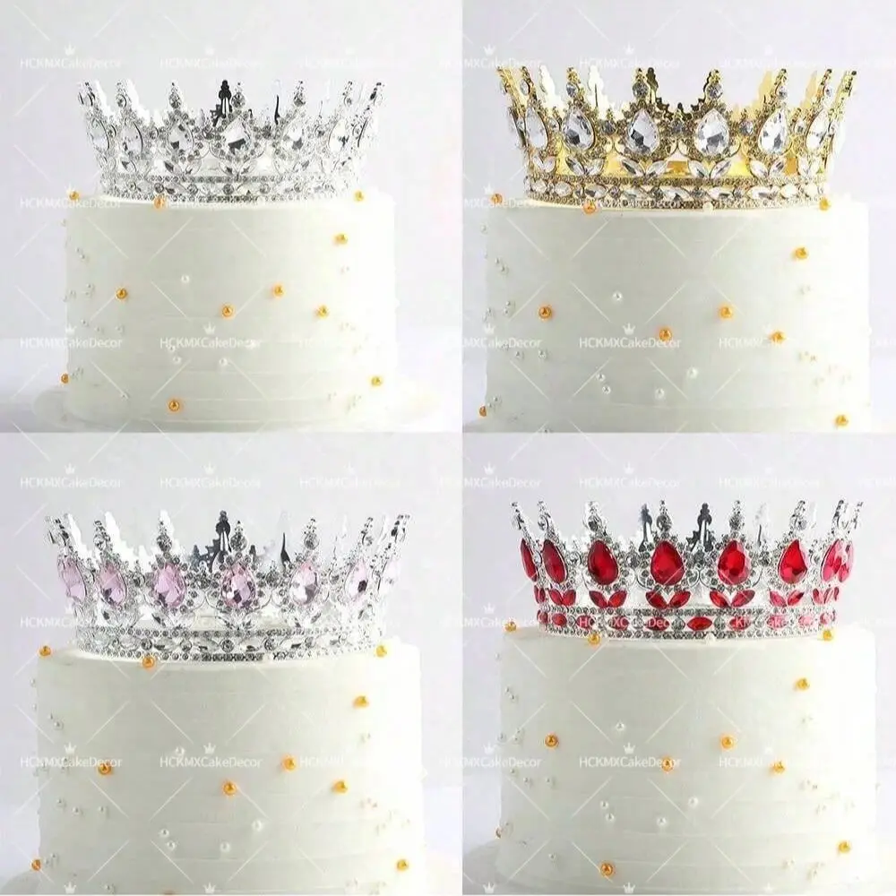 Elegant Silver Rhinestone Crown Cake Topper with Full Round Crystal Design
