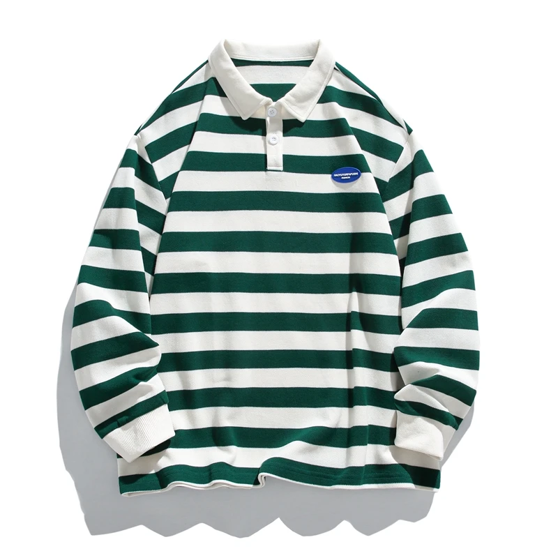 Men's Striped Button Pullover Lantern Long Sleeve T-shirt Turn-down Collar Hoodies Preppy Style Office Lady Undershirt Tops
