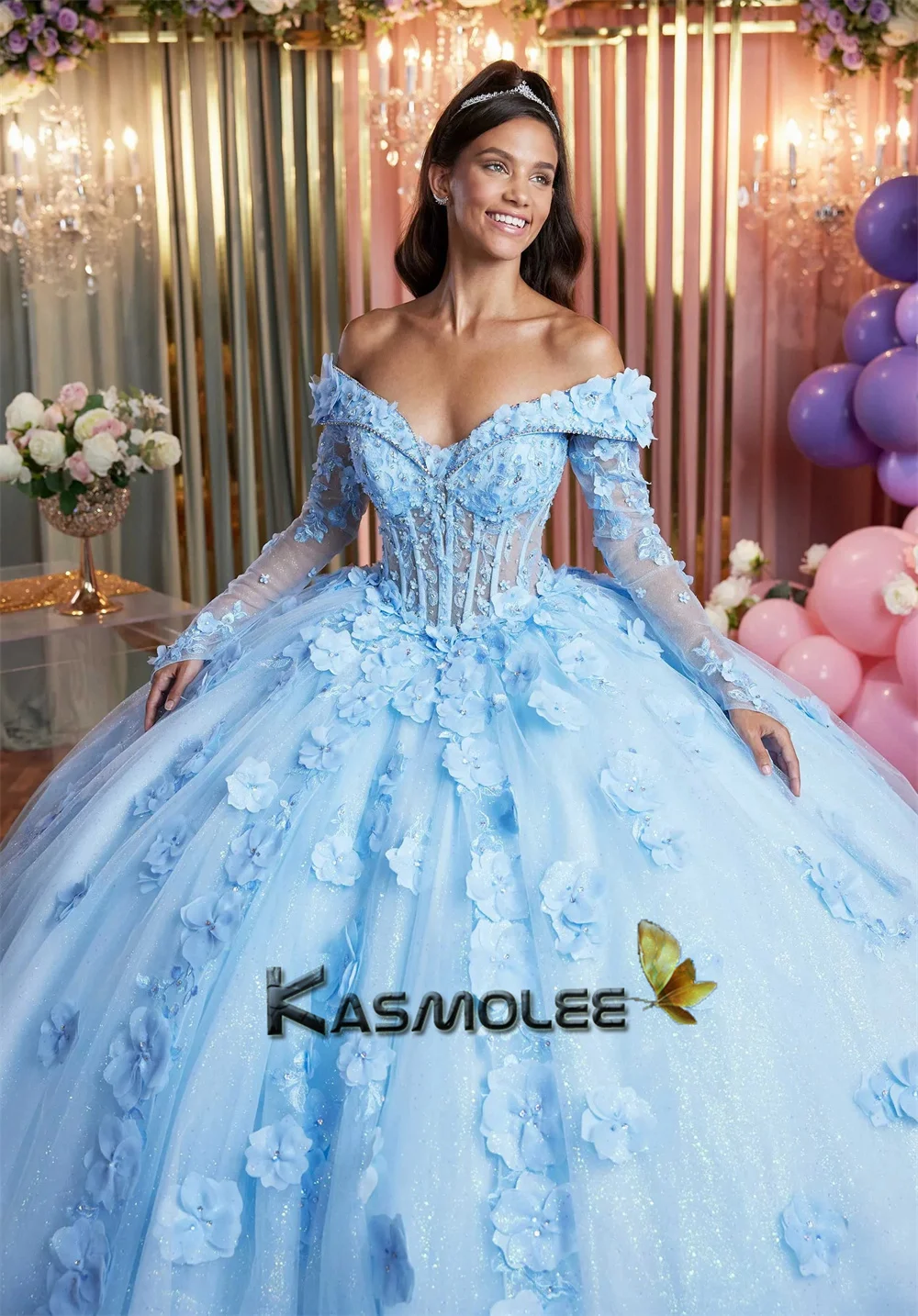 Ball Gown Quinceanera Dresses 15 Ans Illusion Lacing up 3D Flowers Lace Appliques Customized