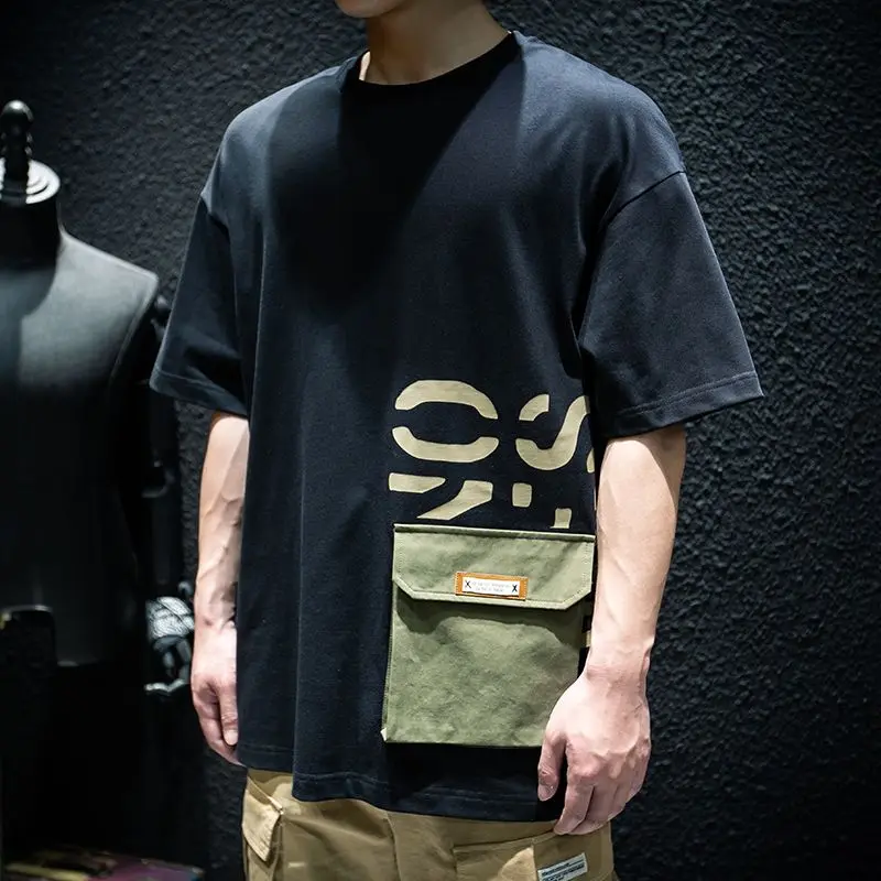 メンズレトロカジュアル半袖Tシャツ、ラウンドネック、特大