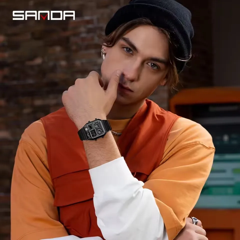 SANDA Fashion Square Dial Waterproof Luminous Chronograph Multifunction Men's Digital Sports Watch