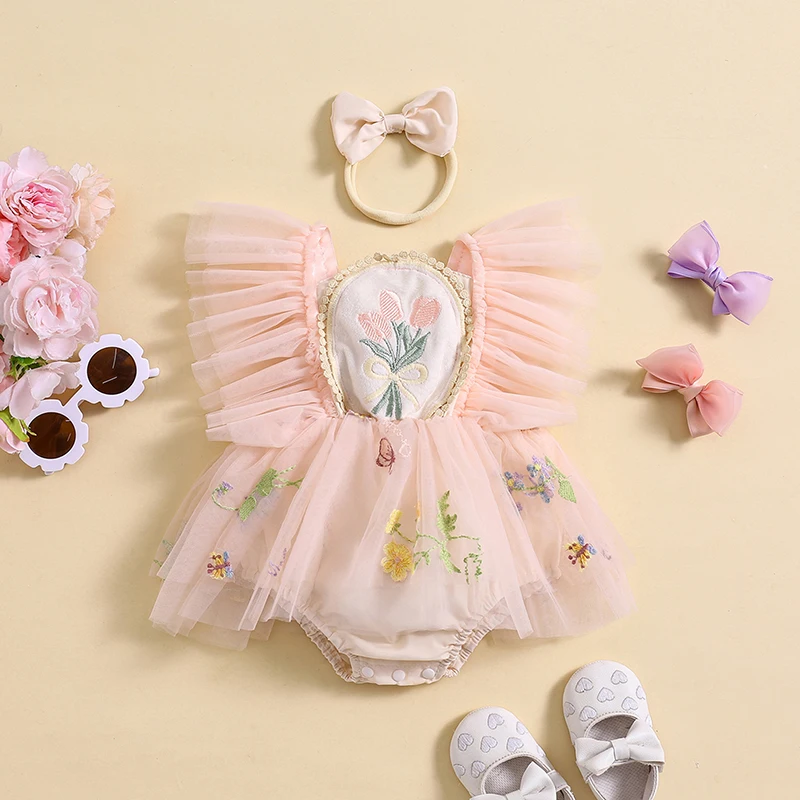 

Tregren Infant Baby Girls Summer Romper Dress Fly Sleeve Flower Embroidery Mesh Patchwork Bodysuits with Headband Summer Outfits