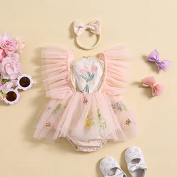 Tregren Infant Baby Girls Summer Romper Dress Fly Sleeve Flower Embroidery Mesh Patchwork Bodysuits with Headband Summer Outfits