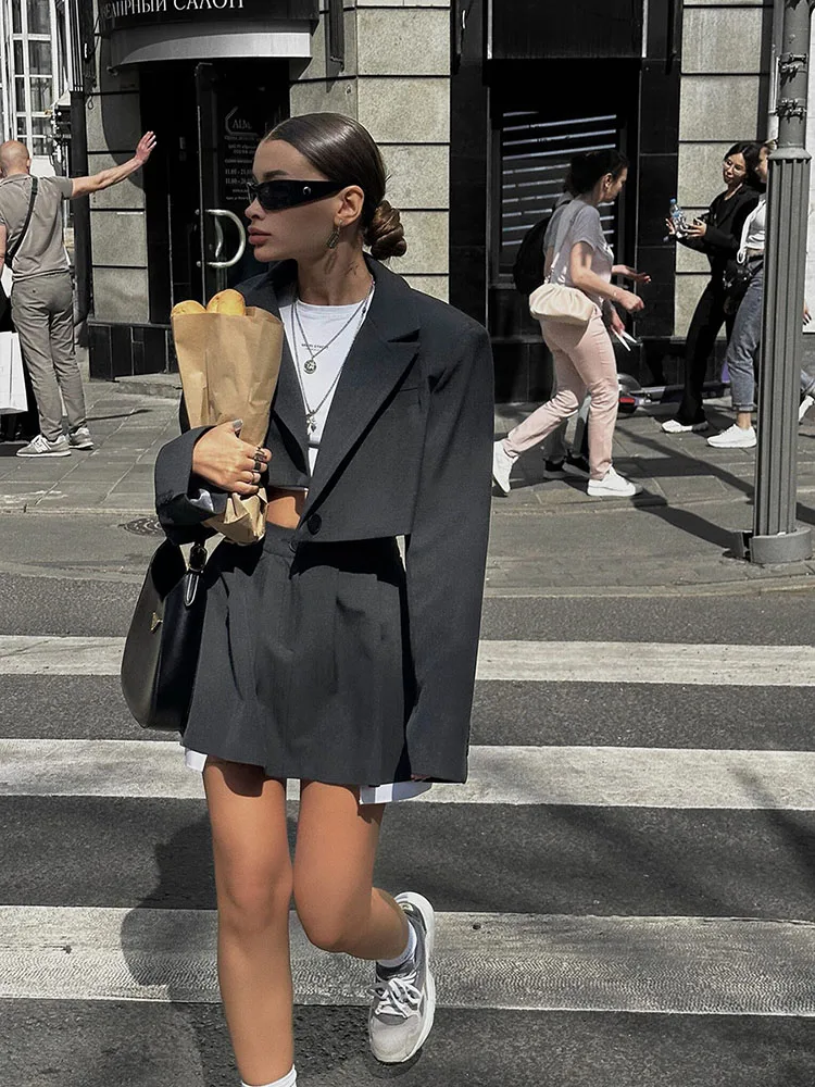 New Two Piece Pink Skirt Set Blazer Short Skirt Set Y2K Turn