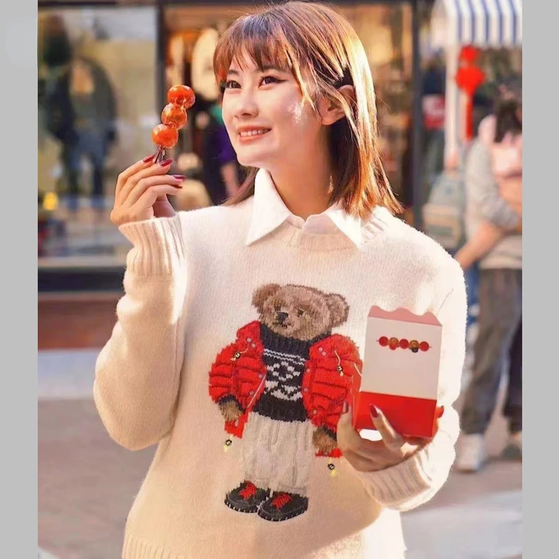 

Christmas RL Bear Sweaters O-neck Embroidery Classic 100% Wool Pullovers New Versatile Loose Soft Warm Unisex Jumpers Winter