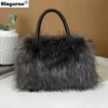 2024 New Raccoon Fur Bags Women Fashion Portable Faux Fur Handbags Winter Soft Warm Bag Girls Fluffy Large Capacity Tote Purse 3